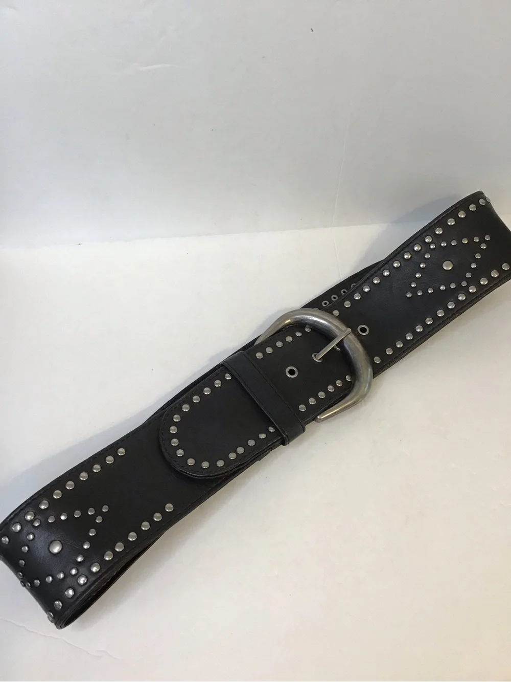Boho Women's Black Studded Faux Leather 3 Inch Wide Belt with Silver Buckle L